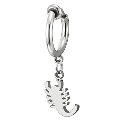 Mens Women Steel Huggie Hinged Hoop Ear Cuff Clip Earring with Dangling Scorpion Non-Piercing - COOLSTEELANDBEYOND Jewelry