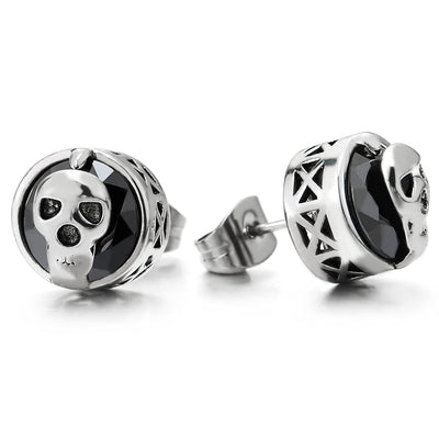 Mens Women Steel Vintage Skull Circle Dome Stud Earrings with Black Faceted CZ, Gothic Rock, 2 pcs - COOLSTEELANDBEYOND Jewelry