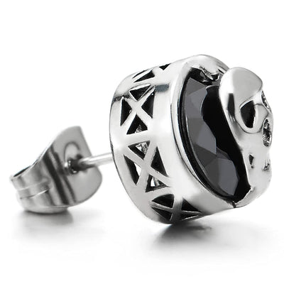 Mens Women Steel Vintage Skull Circle Dome Stud Earrings with Black Faceted CZ, Gothic Rock, 2 pcs - COOLSTEELANDBEYOND Jewelry