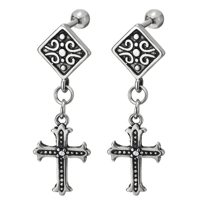 Mens Women Steel Vintage Tribal Tattoo Graphic Square Stud Earrings, Dangling Patonce cross with CZ - COOLSTEELANDBEYOND Jewelry