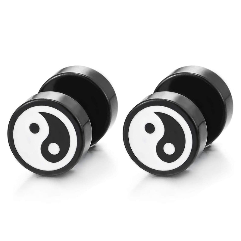 Mens Womens Black White Yin-yang Stud Earrings, Steel Illusion Tunnel Cheater Fake Ear Plugs Gauges - COOLSTEELANDBEYOND Jewelry