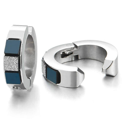 Mens Womens Huggie Hinged Hoop Earrings with Blue White Square Charm, Steel Non-Piercing Clip On - coolsteelandbeyond