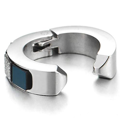 Mens Womens Huggie Hinged Hoop Earrings with Blue White Square Charm, Steel Non-Piercing Clip On - coolsteelandbeyond