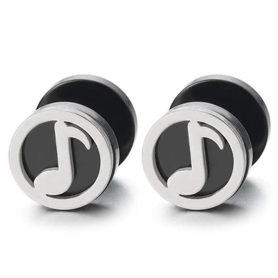 Mens Womens Sliver Black Music Sign Quaver Circle Stud Earrings, Steel Cheater Fake Ear Plugs Gauges - coolsteelandbeyond