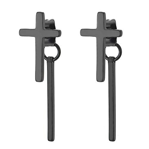 Mens Womens Stainless Steel Black Cross Earrings, Ear Post with Dangling Long Cuboid Stick, Unique - coolsteelandbeyond