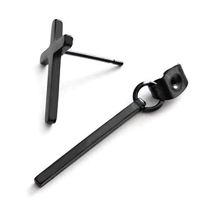 Mens Womens Stainless Steel Black Cross Earrings, Ear Post with Dangling Long Cuboid Stick, Unique - coolsteelandbeyond