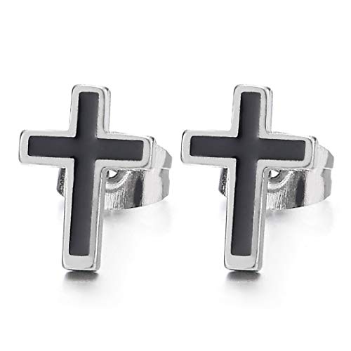 Mens Womens Stainless Steel Flat Cross Stud Earrings with Black Enamel, 2 pcs - coolsteelandbeyond