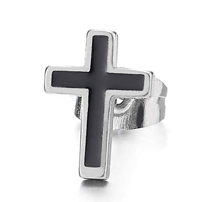 Mens Womens Stainless Steel Flat Cross Stud Earrings with Black Enamel, 2 pcs - coolsteelandbeyond