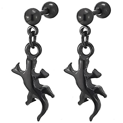 Mens Womens Steel Black Ball Barbell Screw Stud Earrings with Dangling Lizard - COOLSTEELANDBEYOND Jewelry