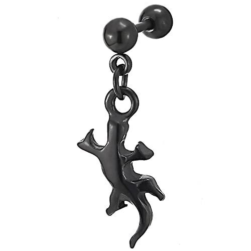 Mens Womens Steel Black Ball Barbell Screw Stud Earrings with Dangling Lizard - COOLSTEELANDBEYOND Jewelry