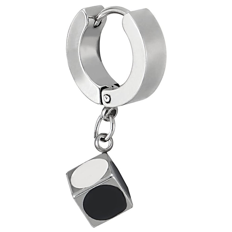 Mens Womens Steel Circle Huggie Hinged Hoop Earrings with Dangling Cube Dice of Black White Enamel - COOLSTEELANDBEYOND Jewelry