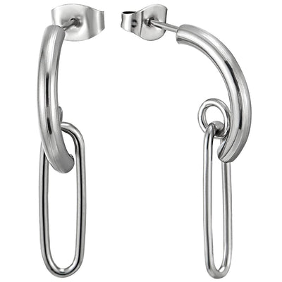 Mens Womens Steel Half Hook Stud Earrings with Dangling Long Oval Link, 2 pcs - COOLSTEELANDBEYOND Jewelry