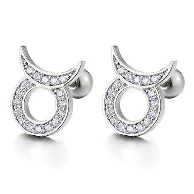 Mens Womens Steel Horn Circle Cubic Zirconia Stud Earrings, Screw Back, Dazzling - COOLSTEELANDBEYOND Jewelry
