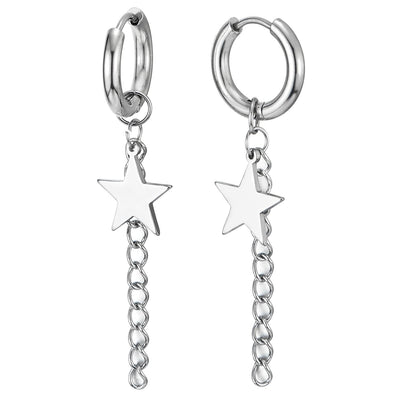 Mens Womens Steel Huggie Hinged Hoop Earrings with Dangling Long Chain and Mirror Surface Star - COOLSTEELANDBEYOND Jewelry