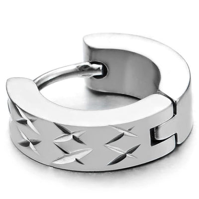 Mens Womens Steel Huggie Hinged Hoop Earrings with Laser Grooved X Cross Grid, Satin Polished - COOLSTEELANDBEYOND Jewelry