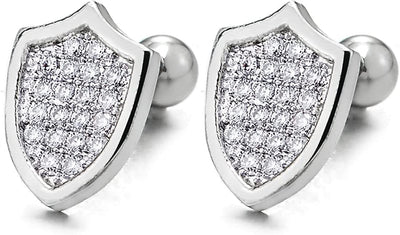 Mens Womens Steel Shield Cubic Zirconia Stud Earrings, Screw Back, Dazzling - COOLSTEELANDBEYOND Jewelry