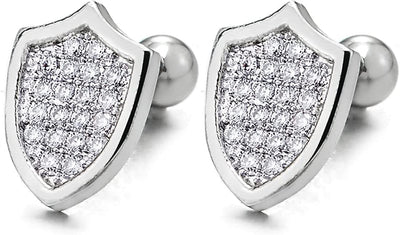 Mens Womens Steel Shield Cubic Zirconia Stud Earrings, Screw Back, Dazzling - COOLSTEELANDBEYOND Jewelry