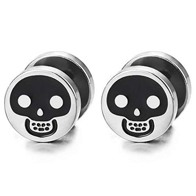 Mens Womens Steel Skull Circle Stud Earrings Black Enamel, Steel Cheater Fake Ear Plug Gauges Tunnel - coolsteelandbeyond