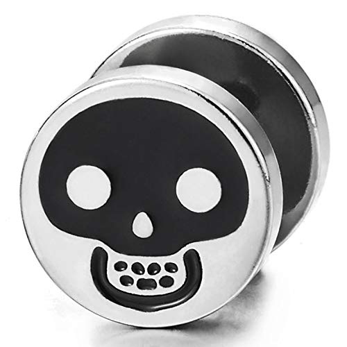 Mens Womens Steel Skull Circle Stud Earrings Black Enamel, Steel Cheater Fake Ear Plug Gauges Tunnel - coolsteelandbeyond