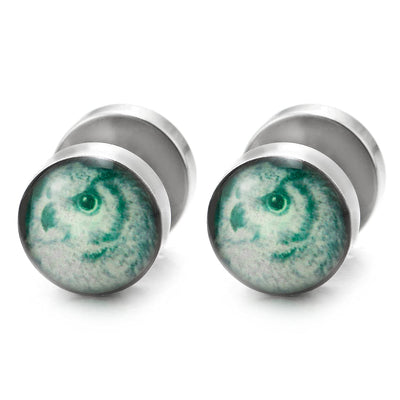 Mens Womens Steel White Teal Green Eagle Head Dome Circle Stud Earrings, Cheater Fake Ear Plugs - COOLSTEELANDBEYOND Jewelry