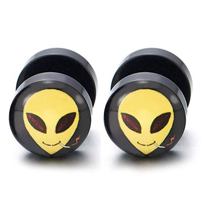 Mens Womens Yellow Smoking Alien Black Circle Stud Earrings, Steel Cheater Fake Ear Plugs Gauges - coolsteelandbeyond