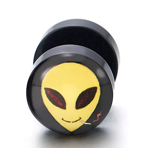 Mens Womens Yellow Smoking Alien Black Circle Stud Earrings, Steel Cheater Fake Ear Plugs Gauges - coolsteelandbeyond