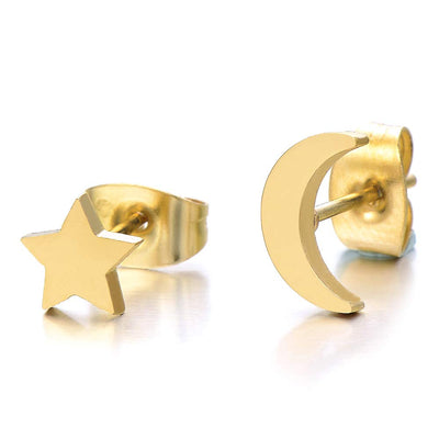 Pair Gold Color Moon and Star Stainless Steel Plain Stud Earrings for Women and - COOLSTEELANDBEYOND Jewelry