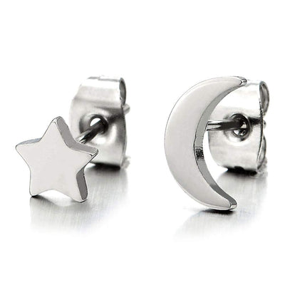 Pair Gold Color Moon and Star Stainless Steel Plain Stud Earrings for Women and - COOLSTEELANDBEYOND Jewelry