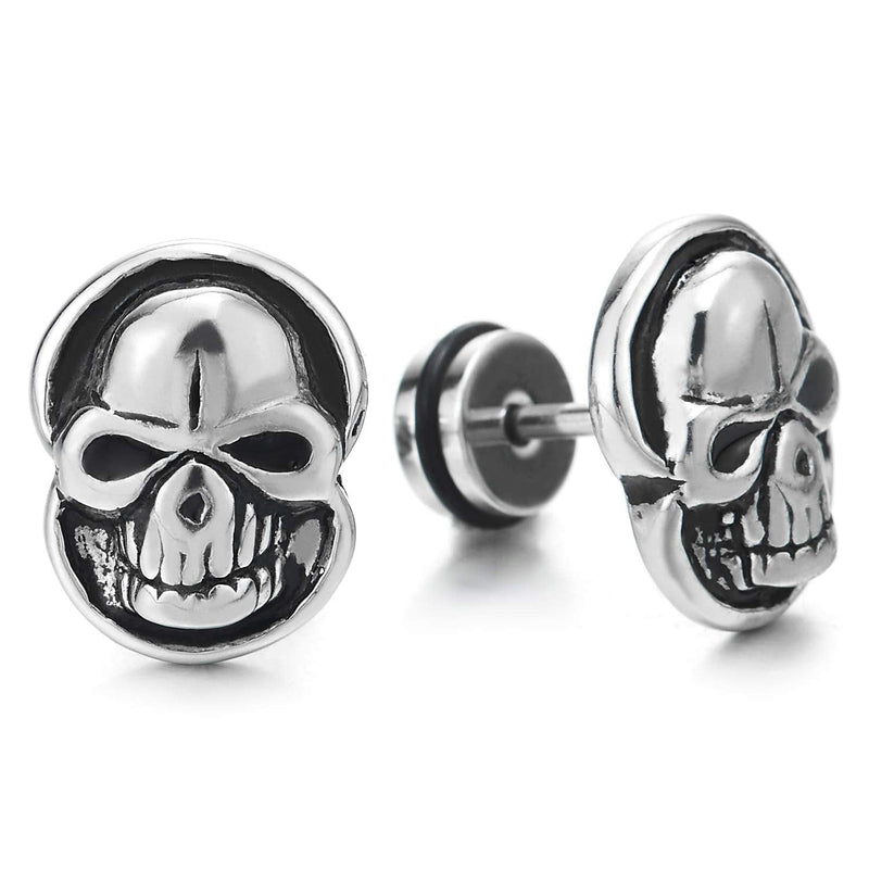 Pair Gothic Punk Biker Mens Vintage Stainless Steel Frame Skull Stud Earrings, Screw Back - coolsteelandbeyond