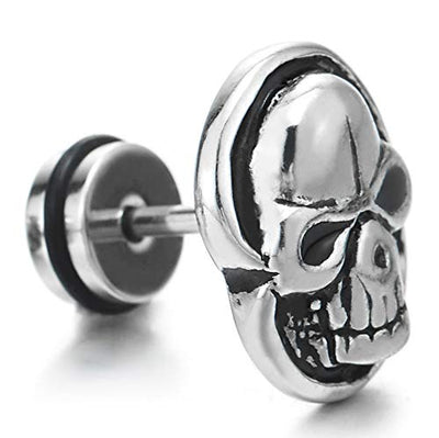 Pair Gothic Punk Biker Mens Vintage Stainless Steel Frame Skull Stud Earrings, Screw Back - coolsteelandbeyond