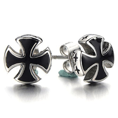 Pair Mens Stainless Steel Cross Stud Earrings with Black Enamel - COOLSTEELANDBEYOND Jewelry