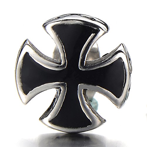 Pair Mens Stainless Steel Cross Stud Earrings with Black Enamel - COOLSTEELANDBEYOND Jewelry