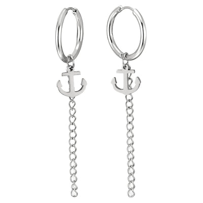Pair Mens Womens Steel Huggie Hinged Hoop Earrings with Dangling Long Chain and Marine Anchor - COOLSTEELANDBEYOND Jewelry