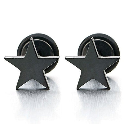 Pair Stainless Steel Black Plain Flat Star Stud Earrings for Man Women, Screw Back, 2pcs - coolsteelandbeyond