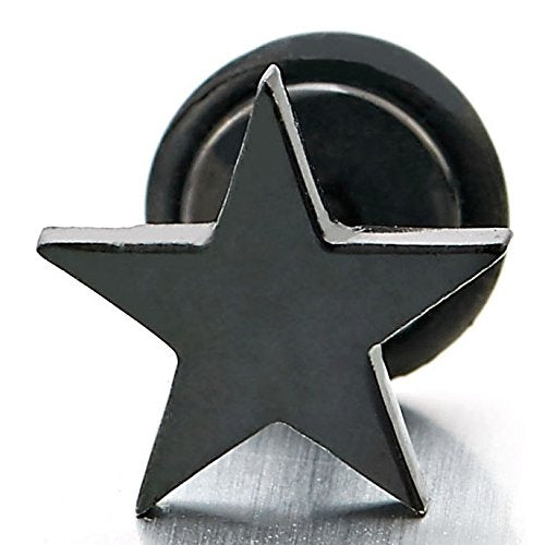 Pair Stainless Steel Black Plain Flat Star Stud Earrings for Man Women, Screw Back, 2pcs - coolsteelandbeyond