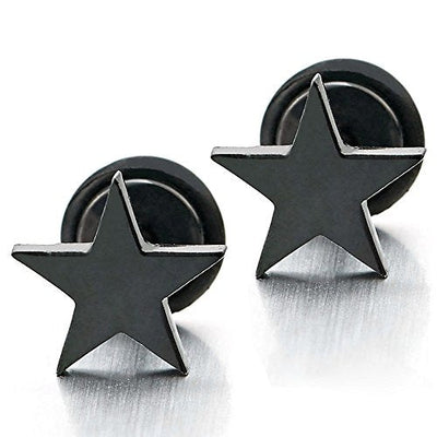 Pair Stainless Steel Black Plain Flat Star Stud Earrings for Man Women, Screw Back, 2pcs - coolsteelandbeyond