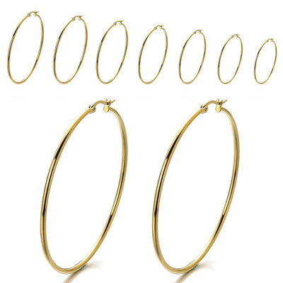 Pair Stainless Steel Large Plain Circle Huggie Hinged Hoop Earrings for Women Gold Color - COOLSTEELANDBEYOND Jewelry