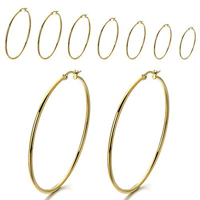 Pair Stainless Steel Large Plain Circle Huggie Hinged Hoop Earrings for Women Gold Color - COOLSTEELANDBEYOND Jewelry