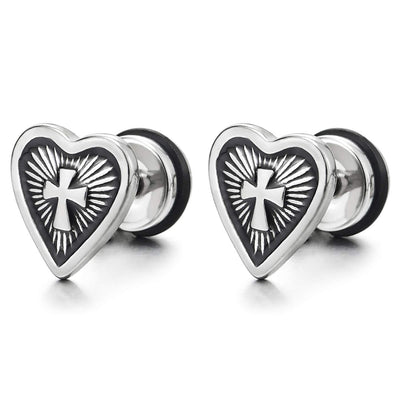 Pair Stainless Steel Womens Vintage Sun Ray Cross Heart Stud Earrings, Screw Back, Unique - COOLSTEELANDBEYOND Jewelry