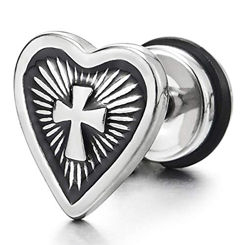 Pair Stainless Steel Womens Vintage Sun Ray Cross Heart Stud Earrings, Screw Back, Unique - COOLSTEELANDBEYOND Jewelry