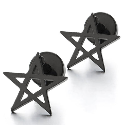 Pair Steel Black Plain Flat Star Pentagram Stud Earrings for Man Women, Screw Back, 2pcs - coolsteelandbeyond