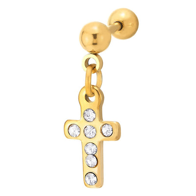 Pair Steel Gold Color Ball Barbell Stud Earrings, Dangling Cross with Cubic Zirconia, Mens Womens - COOLSTEELANDBEYOND Jewelry