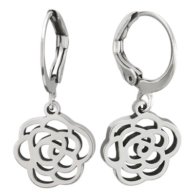 Pair Steel Huggie Hinged Hoop Earrings with Dangling Rose Flower - COOLSTEELANDBEYOND Jewelry
