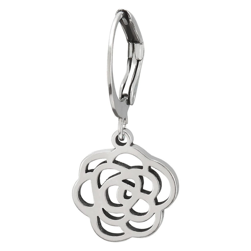 Pair Steel Huggie Hinged Hoop Earrings with Dangling Rose Flower - COOLSTEELANDBEYOND Jewelry