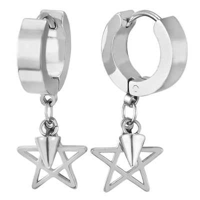 Pair Steel Huggie Hinged Hoop Earrings with Dangling Star Pentagram and Spiked Cone, Mens Women - COOLSTEELANDBEYOND Jewelry