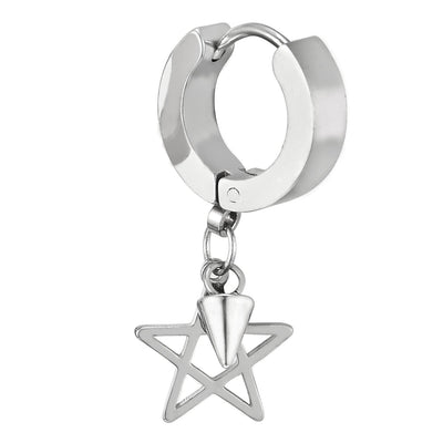 Pair Steel Huggie Hinged Hoop Earrings with Dangling Star Pentagram and Spiked Cone, Mens Women - COOLSTEELANDBEYOND Jewelry