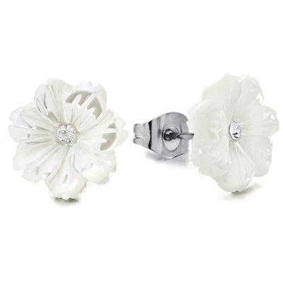 Pair White Acrylic Petal Flower Stud Earrings with Cubic Zirconia, for Women - COOLSTEELANDBEYOND Jewelry