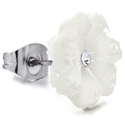 Pair White Acrylic Petal Flower Stud Earrings with Cubic Zirconia, for Women - COOLSTEELANDBEYOND Jewelry