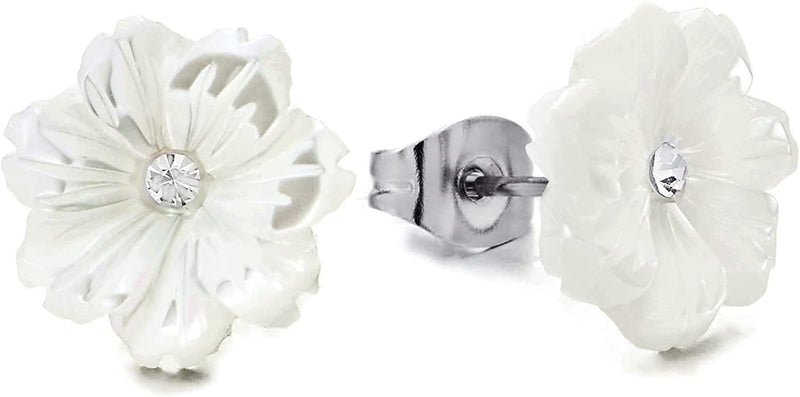 Pair White Acrylic Petal Flower Stud Earrings with Cubic Zirconia, for Women - COOLSTEELANDBEYOND Jewelry