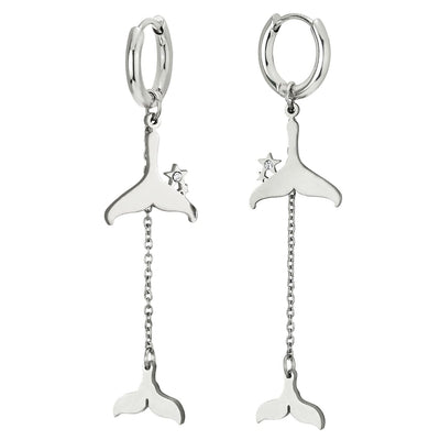 Pair Women Steel Huggie Hinged Hoop Earrings with Dangling Long Chain and Mermaid Dolphin Whale Tail - COOLSTEELANDBEYOND Jewelry